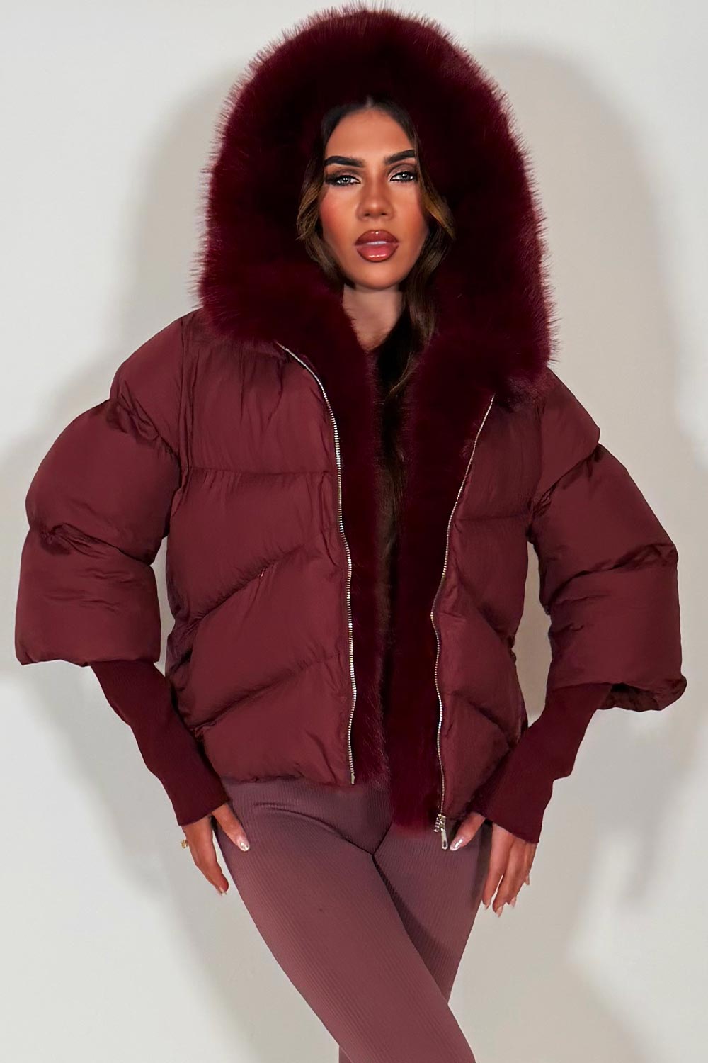 faux fur trim puffer jacket for winter with fur hood womens outerwear styledup