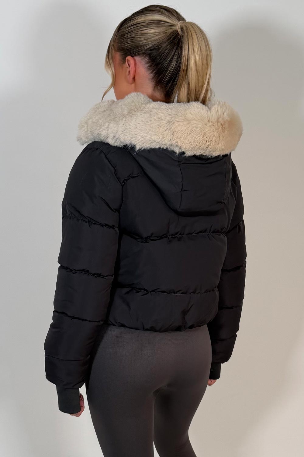 charcoal grey padded puffer jacket with faux fur hood womens