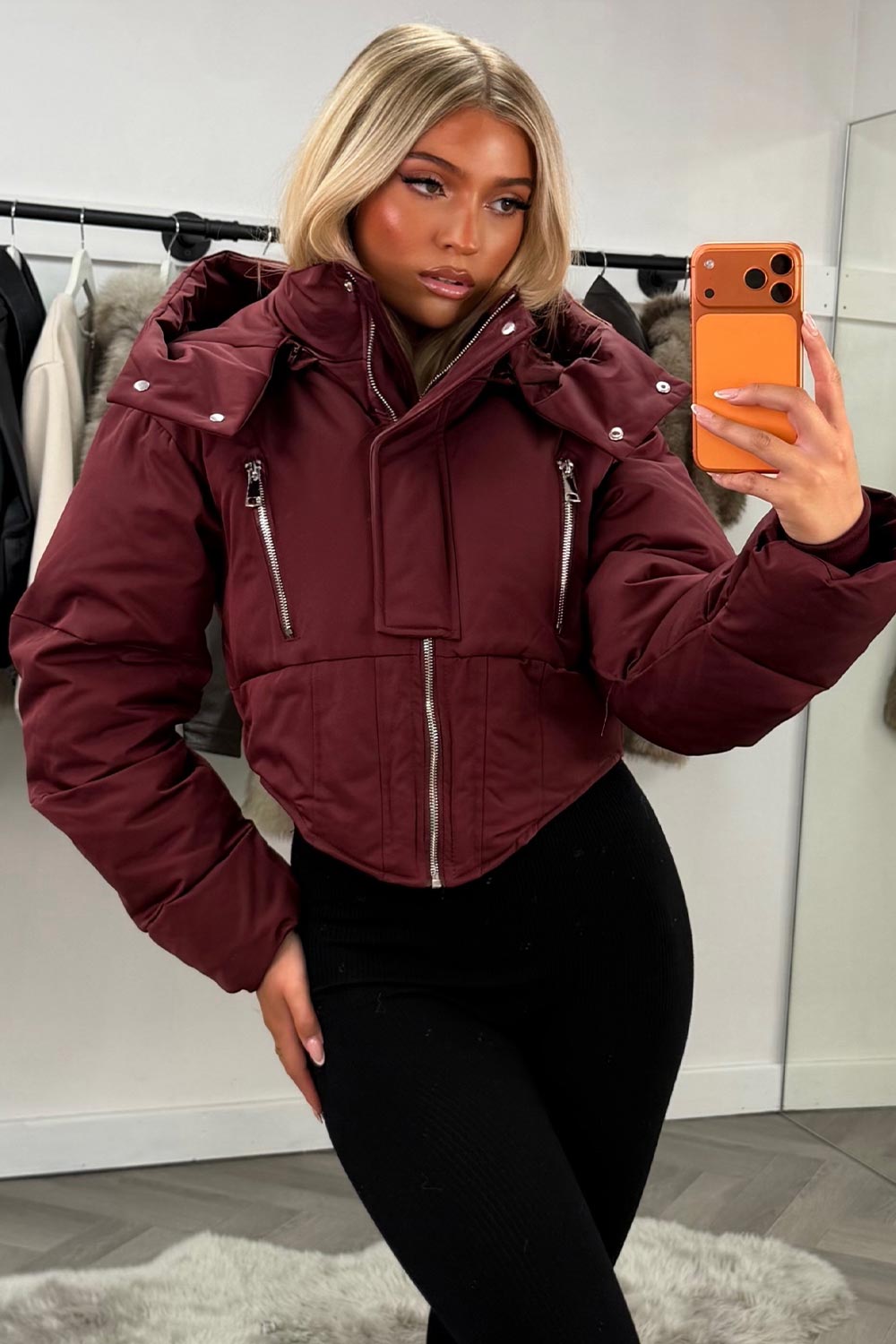 womens puffer padded hooded cropped winter ski jacket with funnel neck styledup uk