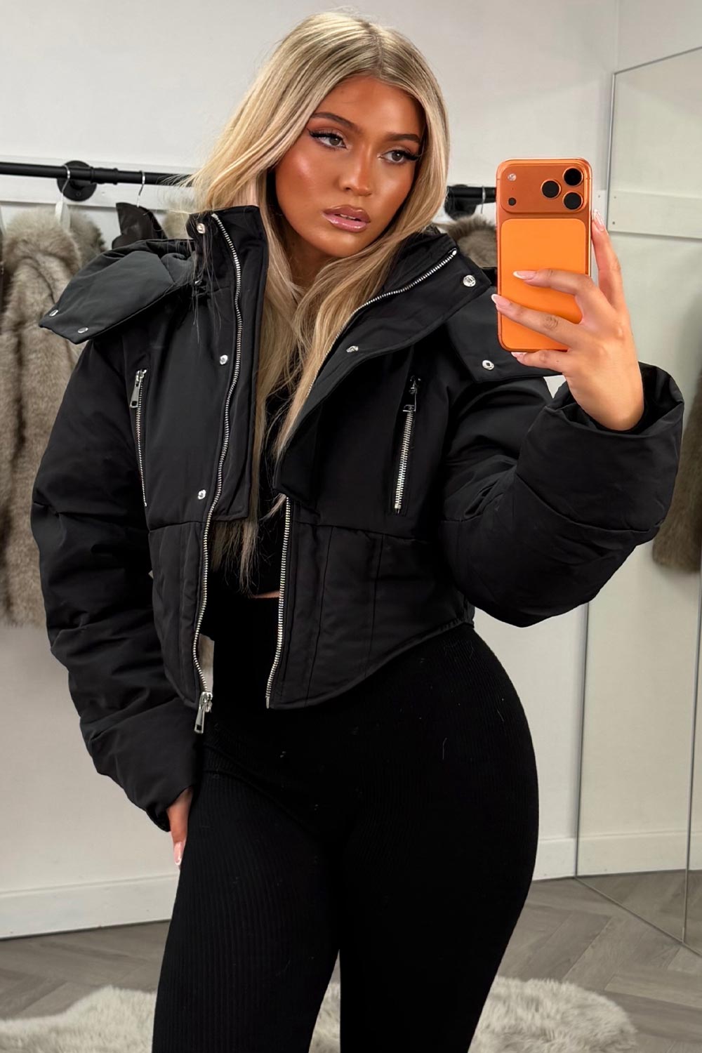 womens padded puffer winter jacket with funnel neck styledup uk