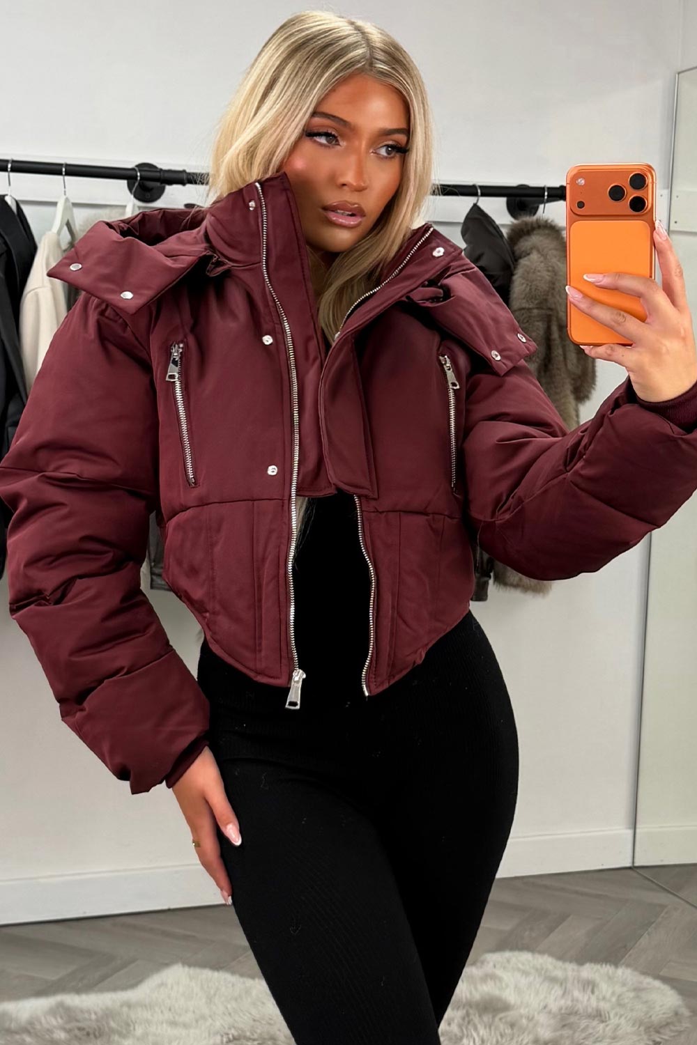 womens burgundy puffer padded winter jacket with funnel neck styledup uk