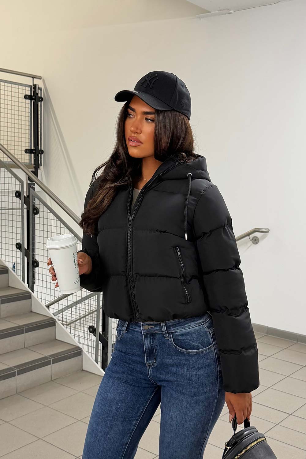 black padded puffer hooded jacket womens uk