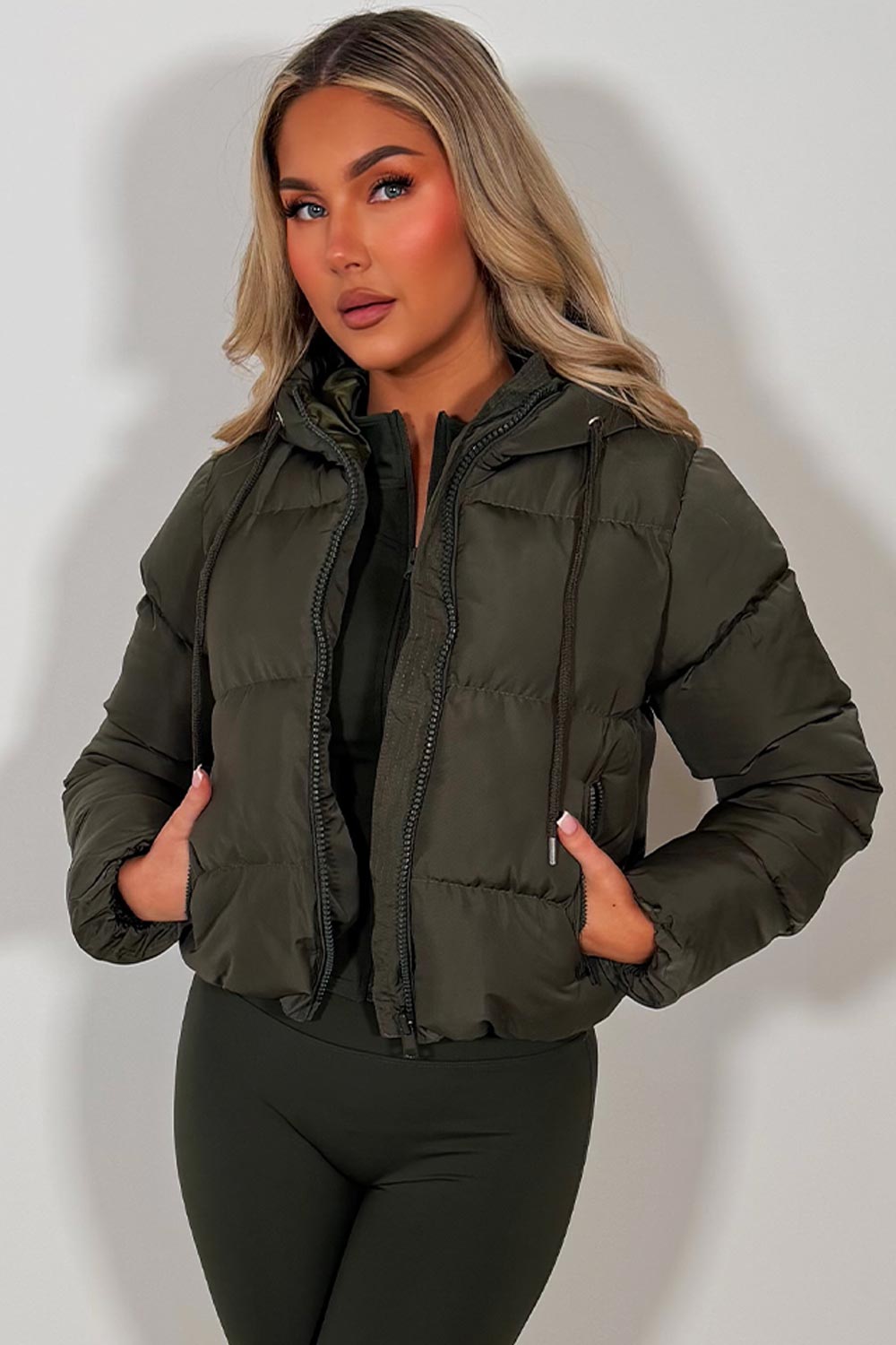 womens khaki puffer jacket with hood styledup