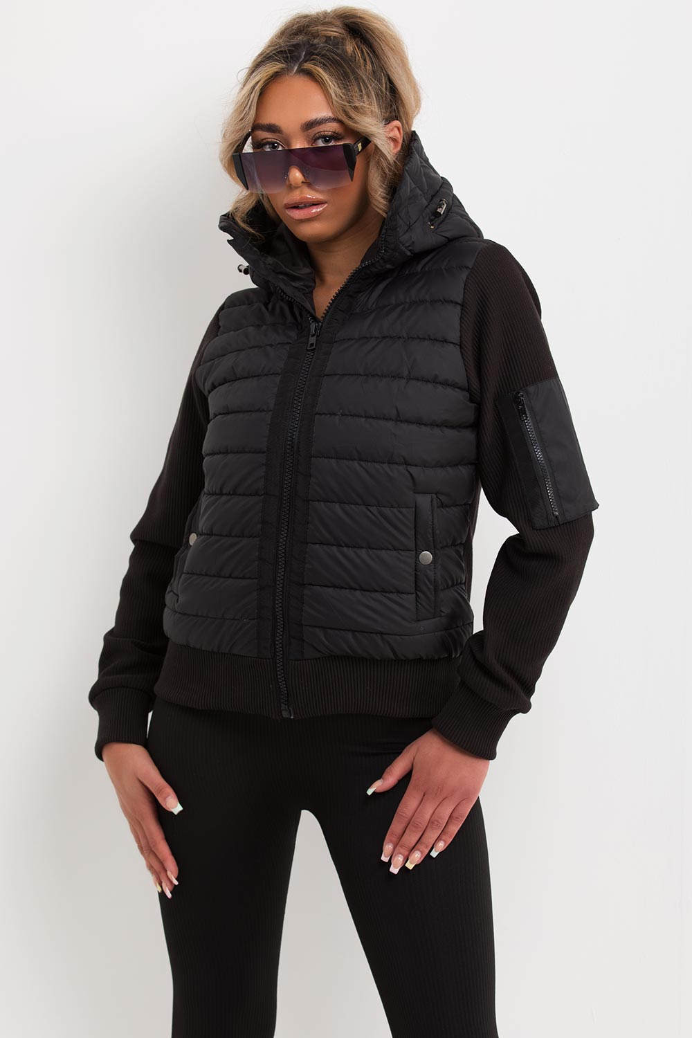 prada inspired ribbed sleeve puffer jacket