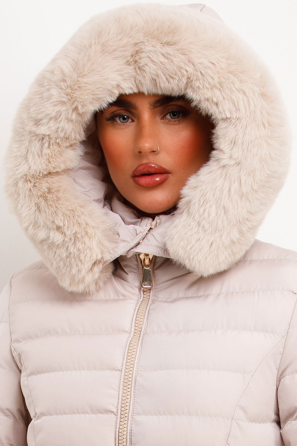 womens puffer jacket with fur hood and belt styledup