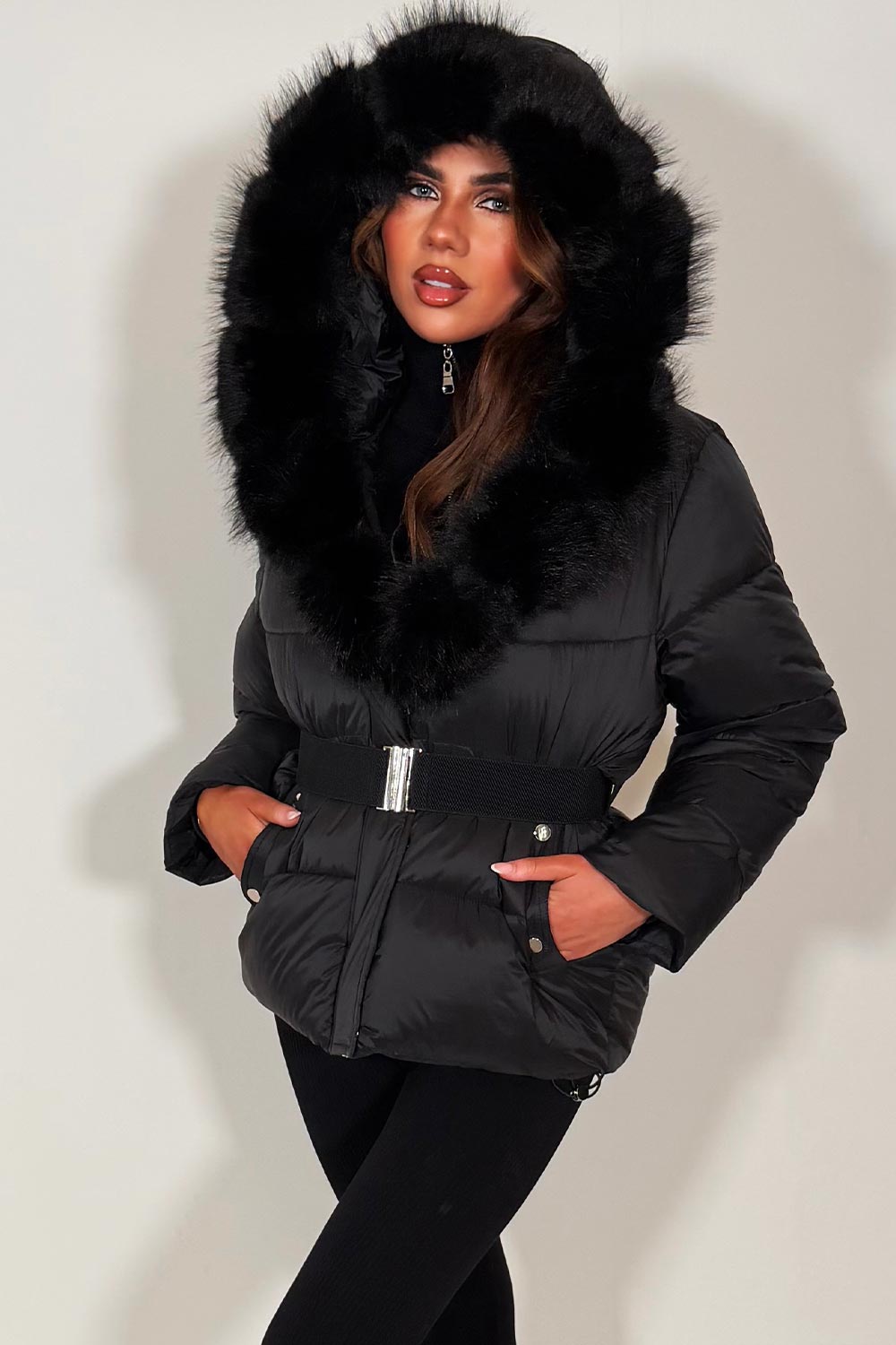 big faux fur hood puffer padded winter jacket with belt for womens