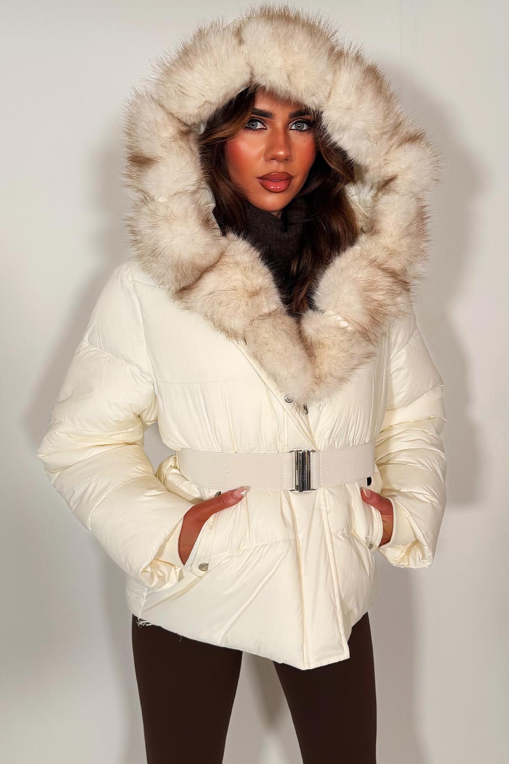 womens big faux fur hooded padded puffer jacket with belt for winter