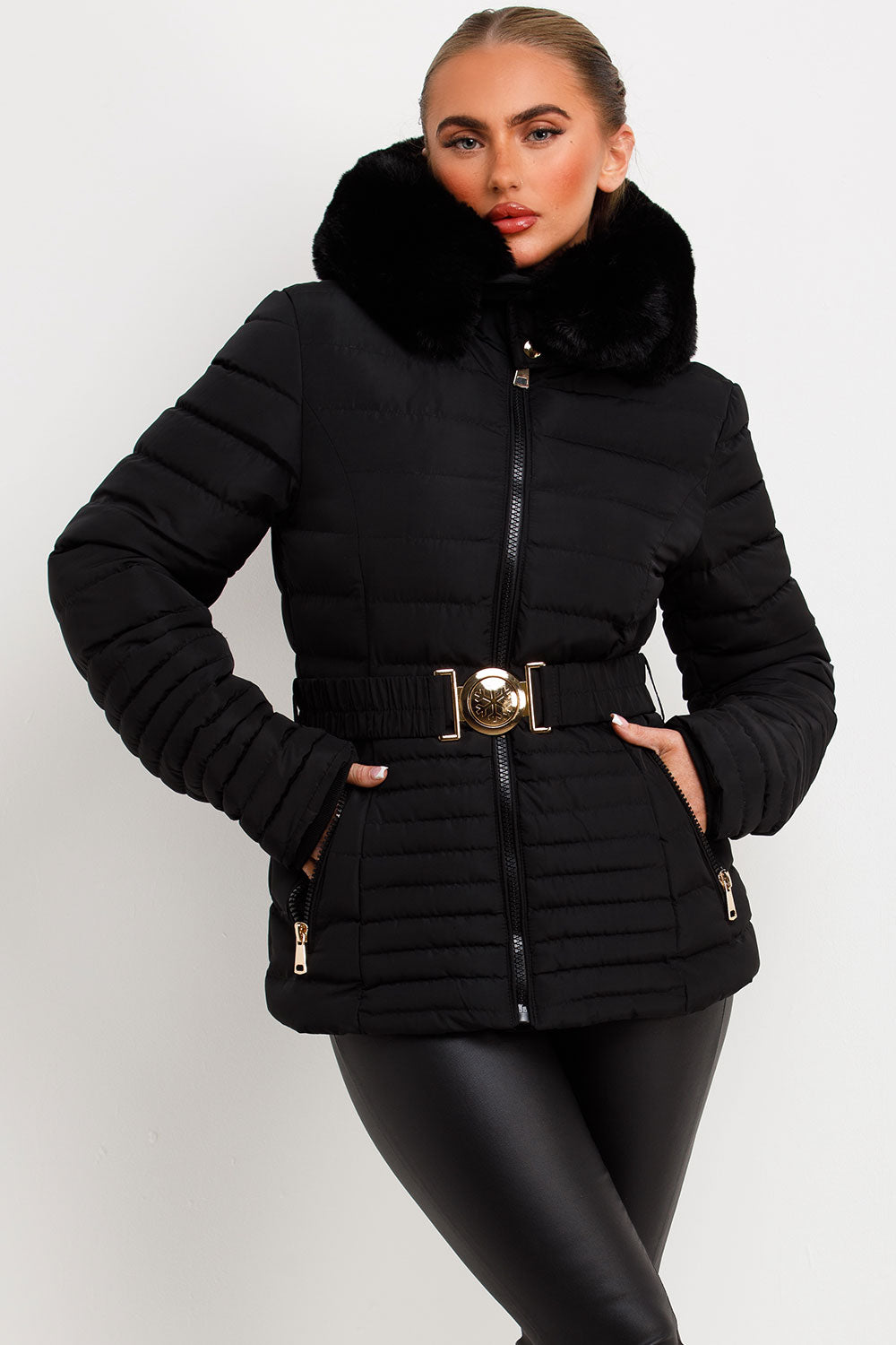 womens black faux fur hood padded puffer coat with belt styledup