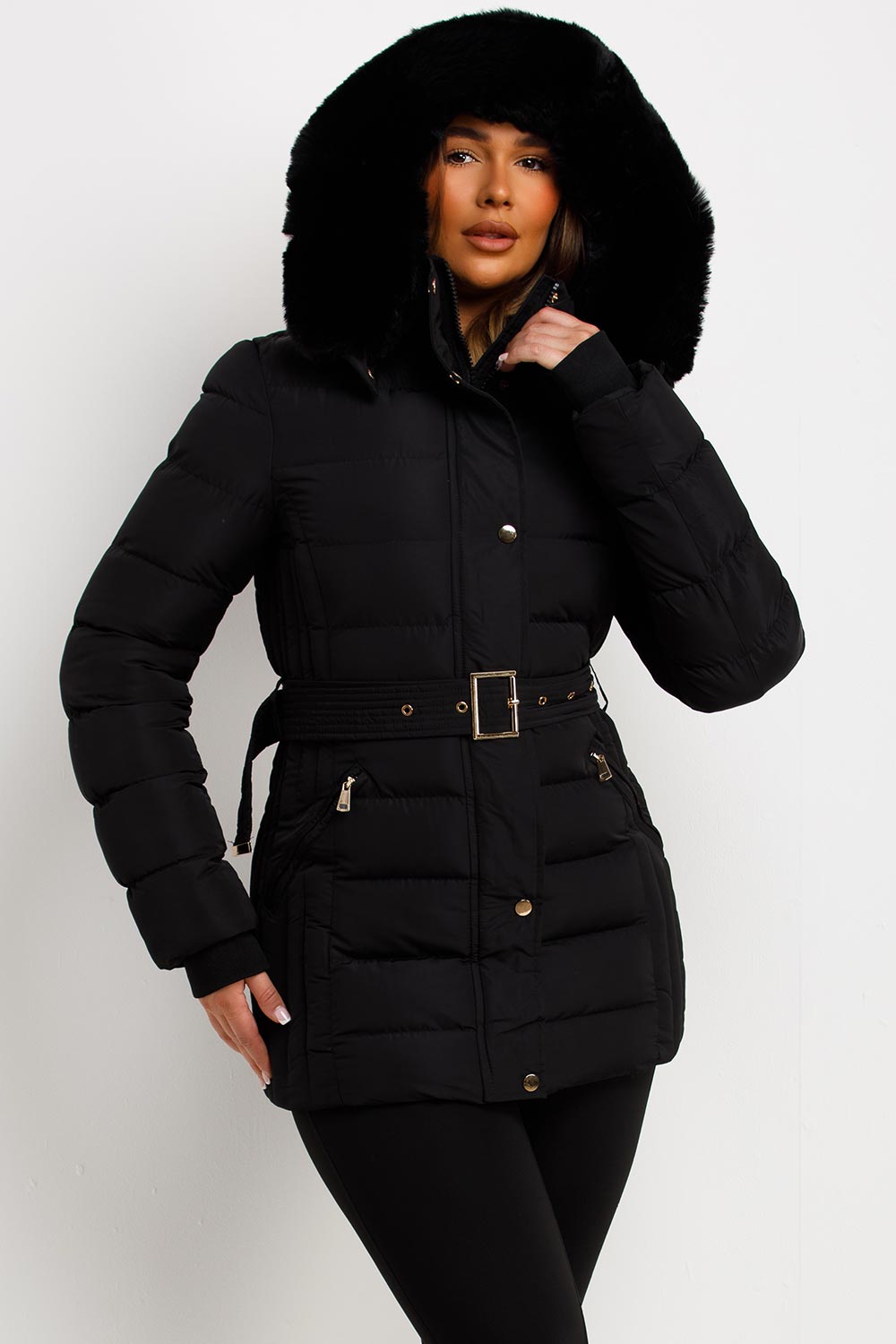 womens black faux fur hood thick warm puffer coat with belt styled up