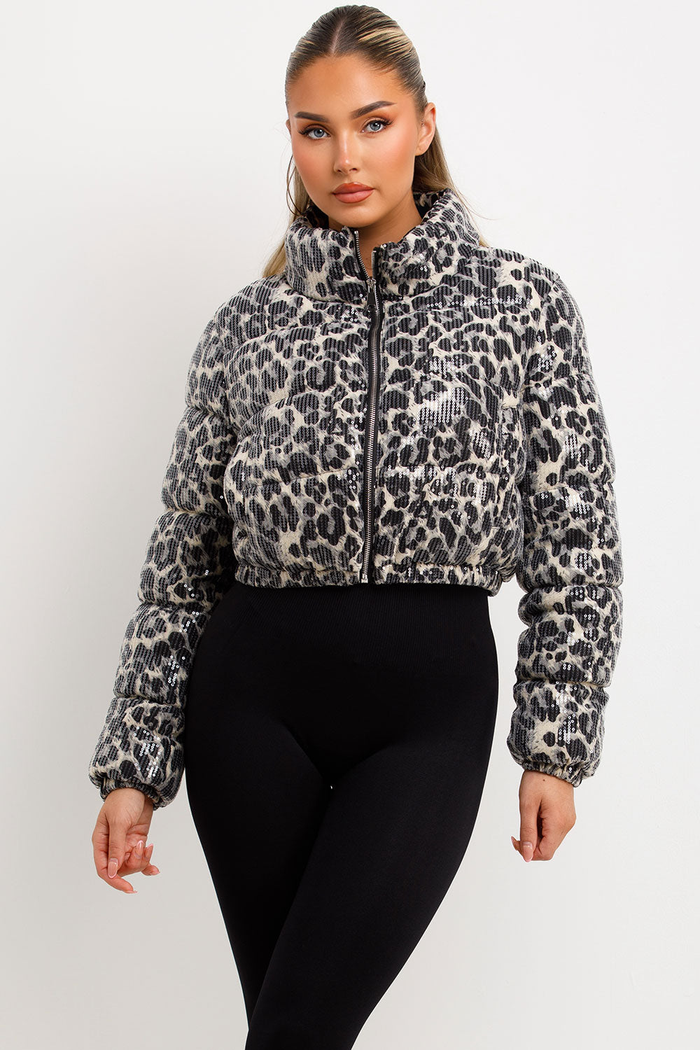 sequin leopard print crop puffer jacket winter outerwear styledup
