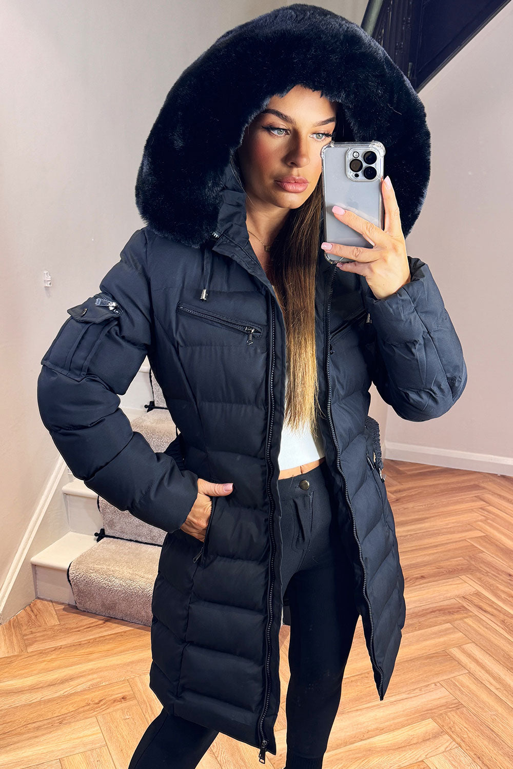 womens faux fur hood puffer padded coat