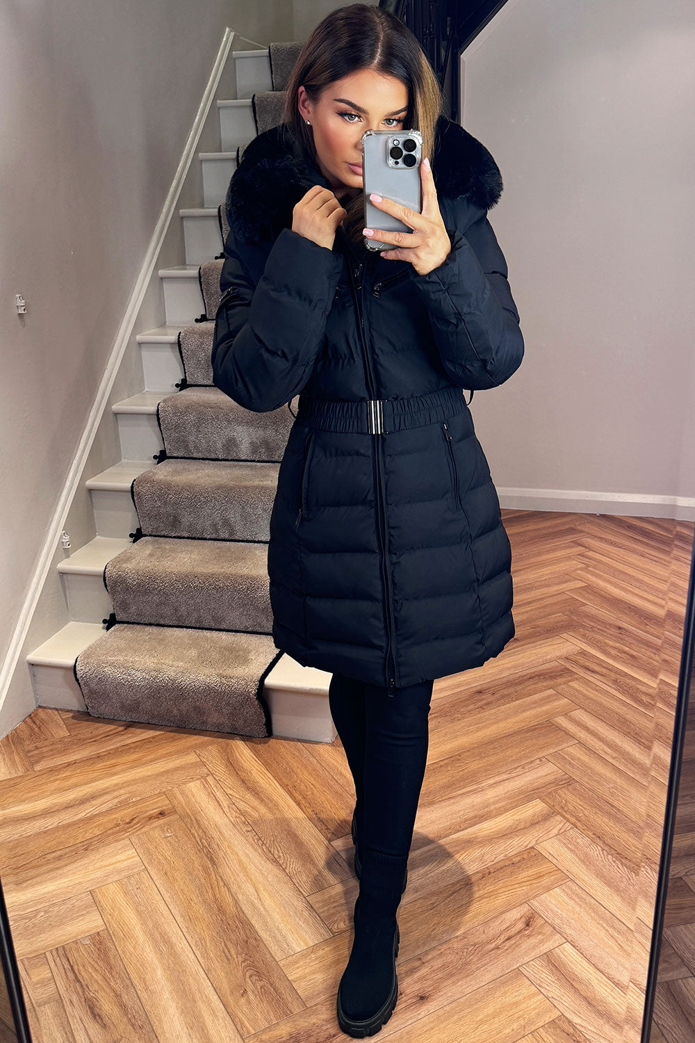 puffer faux fur hood winter coat with belt black