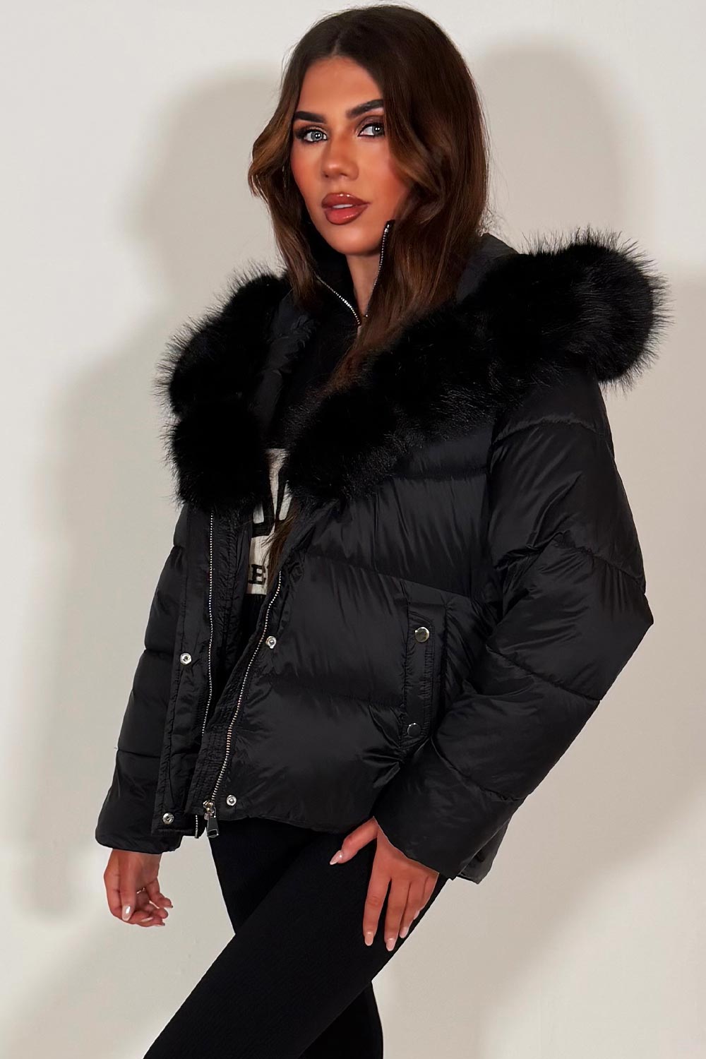 womens fur hood winter puffer padded jacket with waist belt really nice fitted outerwear for girls