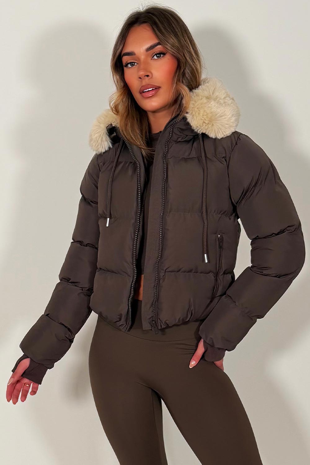 womens zara puffer jacket with faux fur hood brown styledup fashion uk