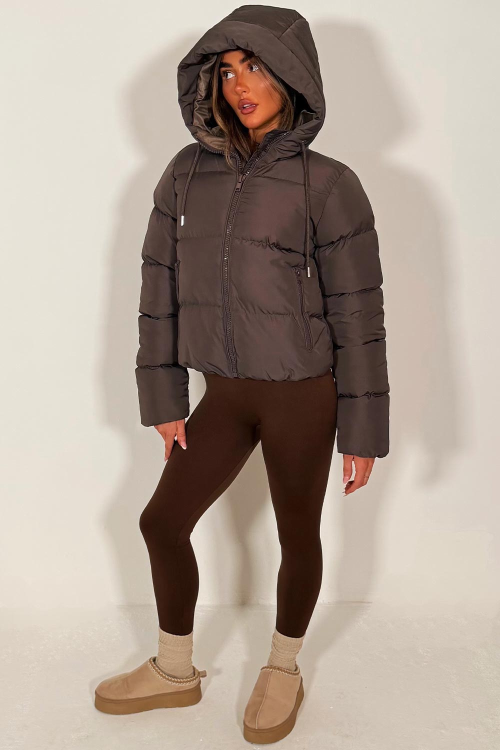 womens zara puffer jacket brown