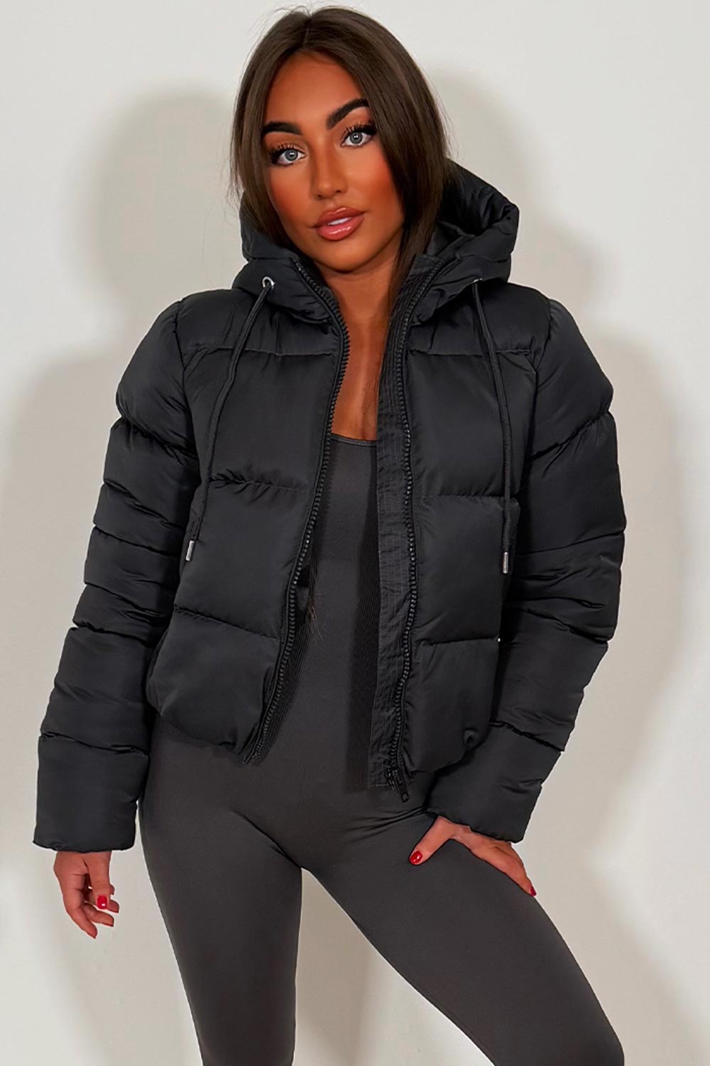 womens charcoal grey puffer padded hooded jacket zara uk