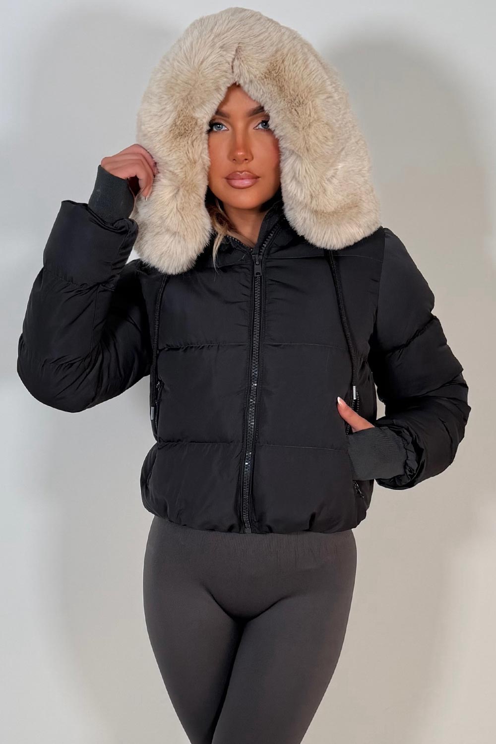 charcoal grey puffer jacket with fur hood zara womens uk