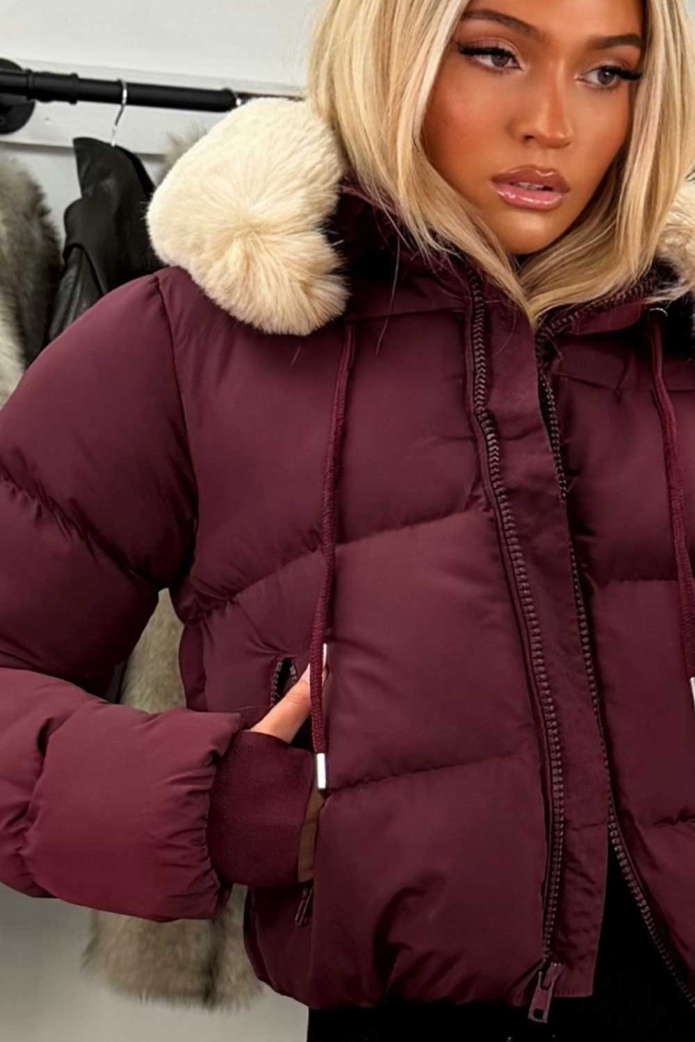 womens padded puffer jacket with fur hood for winter styledup uk