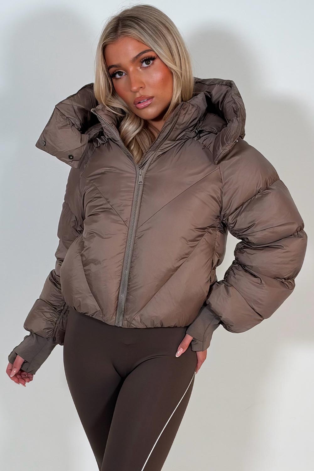 winter puffer jacket with hood for womens in taupe colour