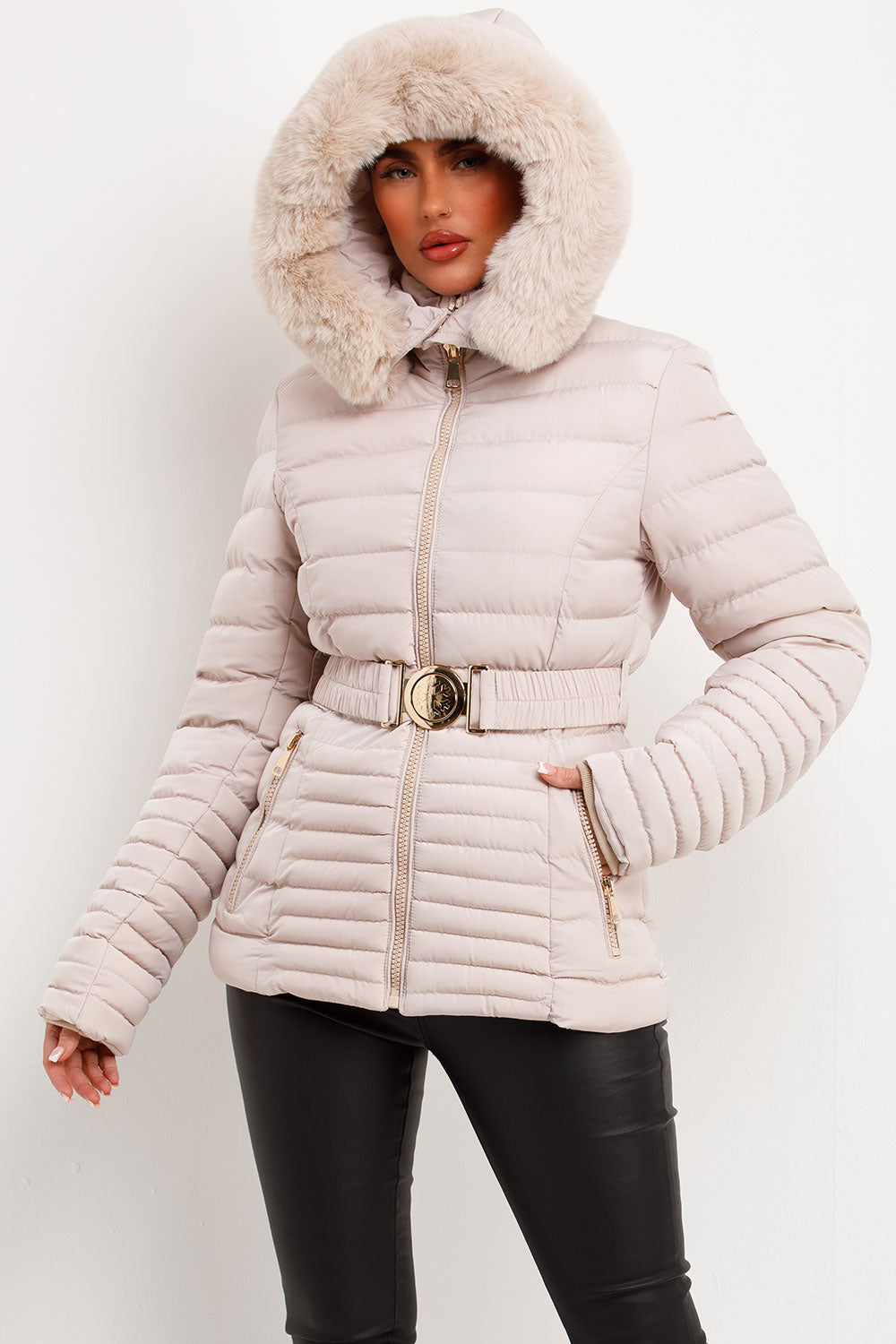 womens faux fur hood puffer jacket with belt