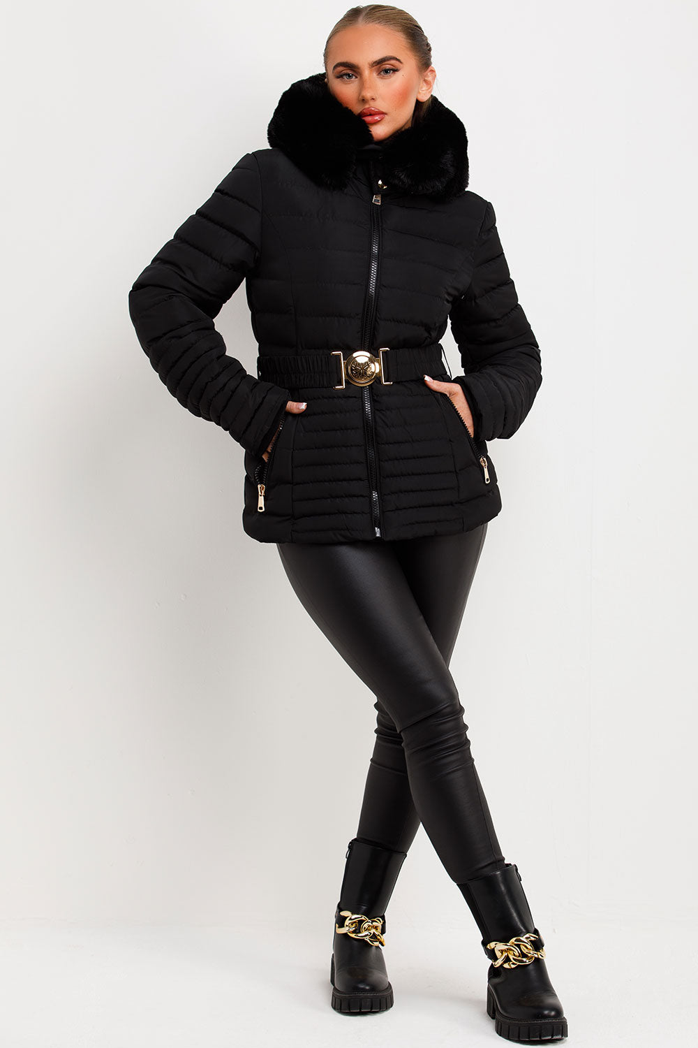 faux fur hood padded puffer jacket