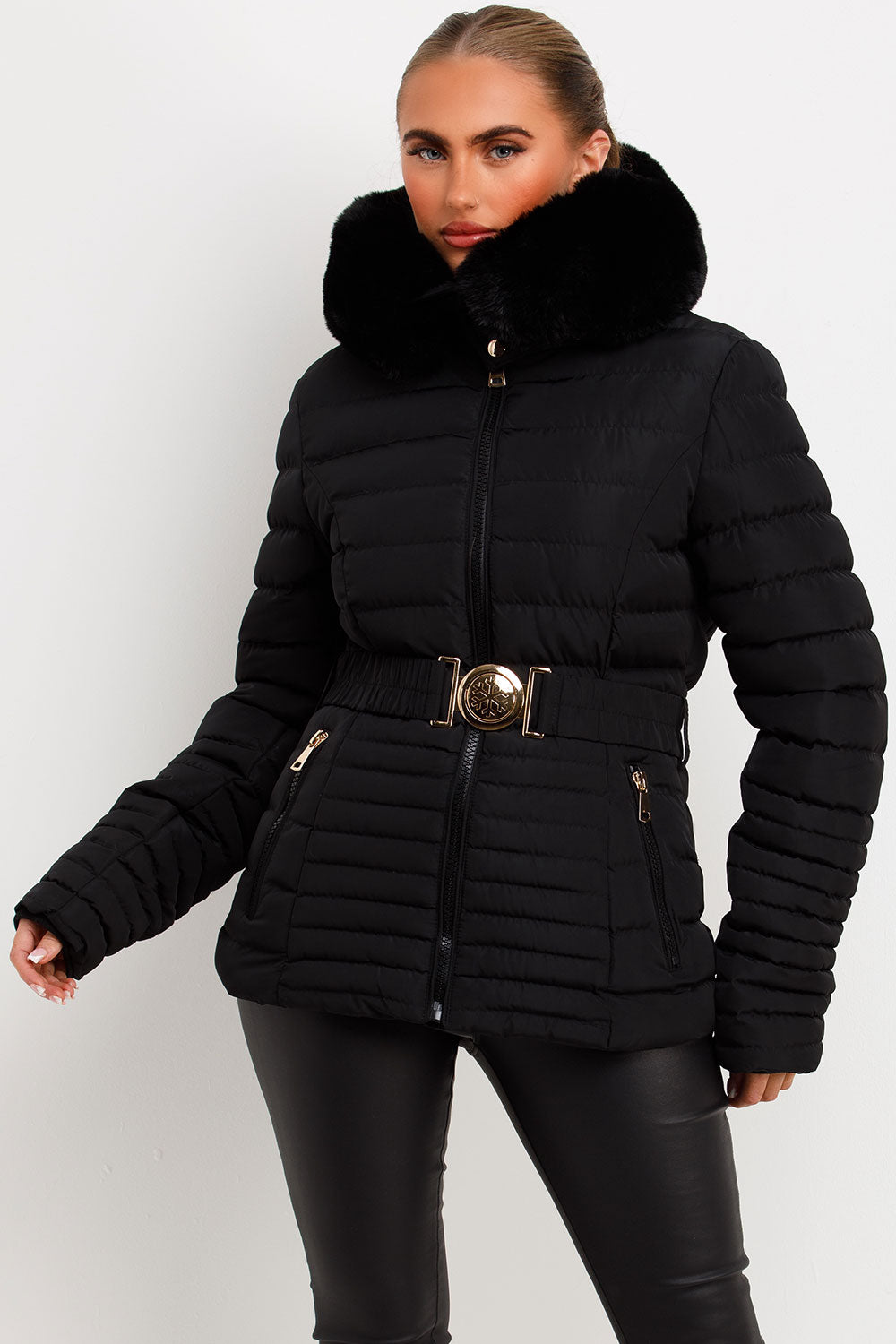 black puffer coat with fur hood and belt styledup