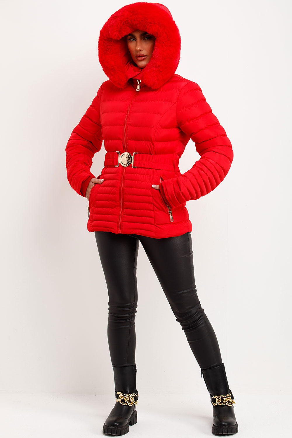 womens padded puffer fur hood jacket with gold buckle belt