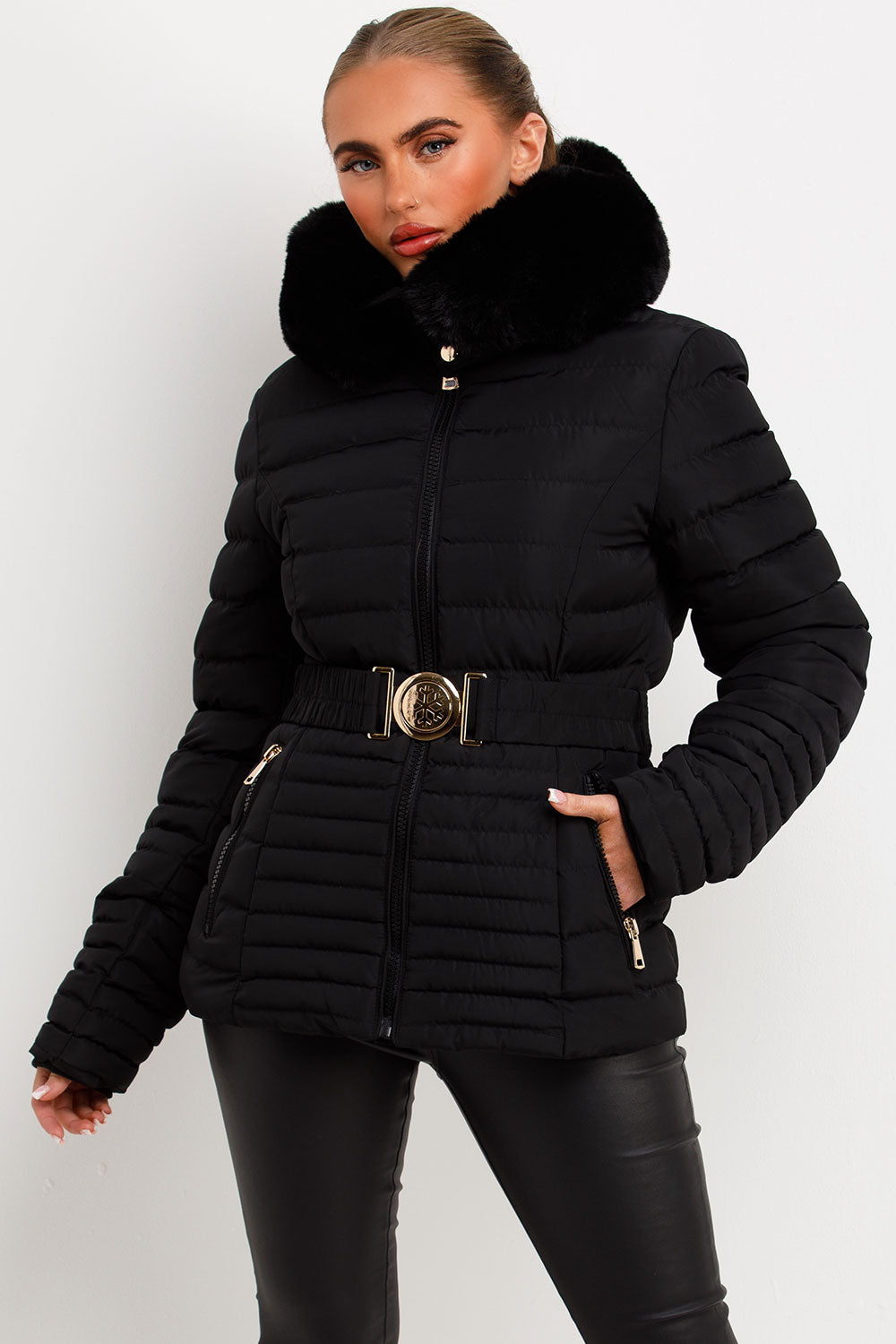 faux fur hood padded puffer coat with belt black