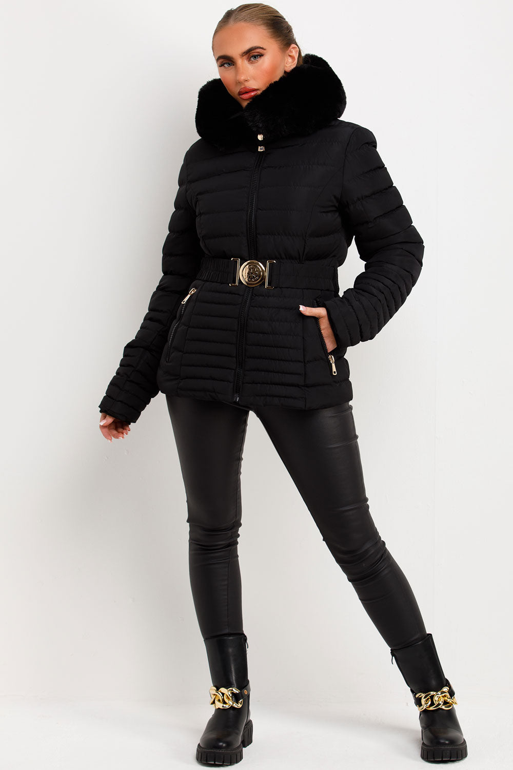 faux fur hood puffer padded jacket with gold belt styledup