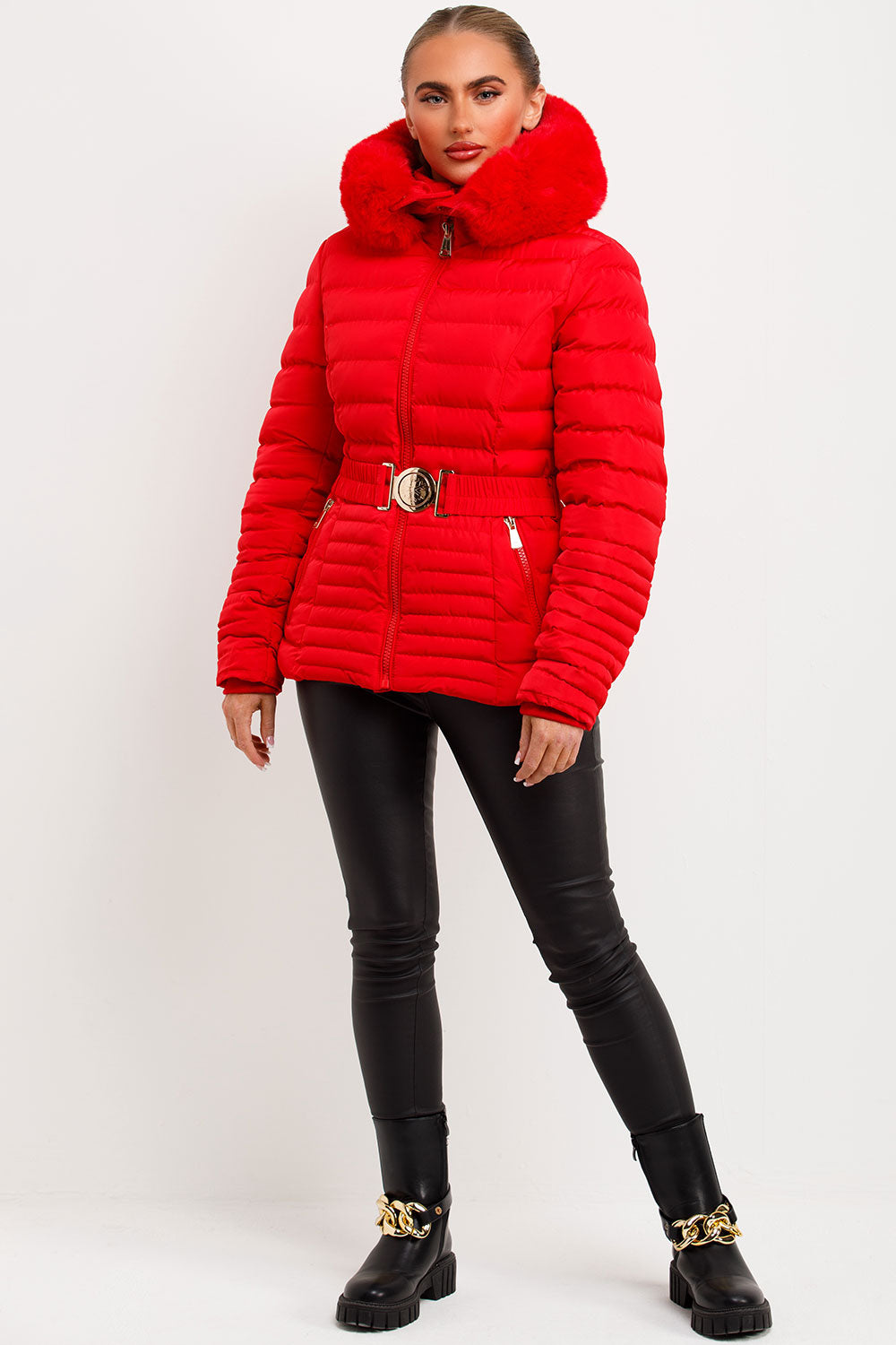 womens red puffer jacket with fur hood styledup