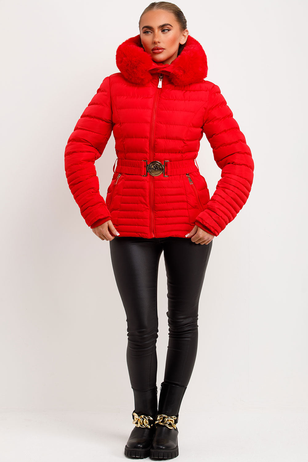 womens faux fur hood red puffer jacket with belt