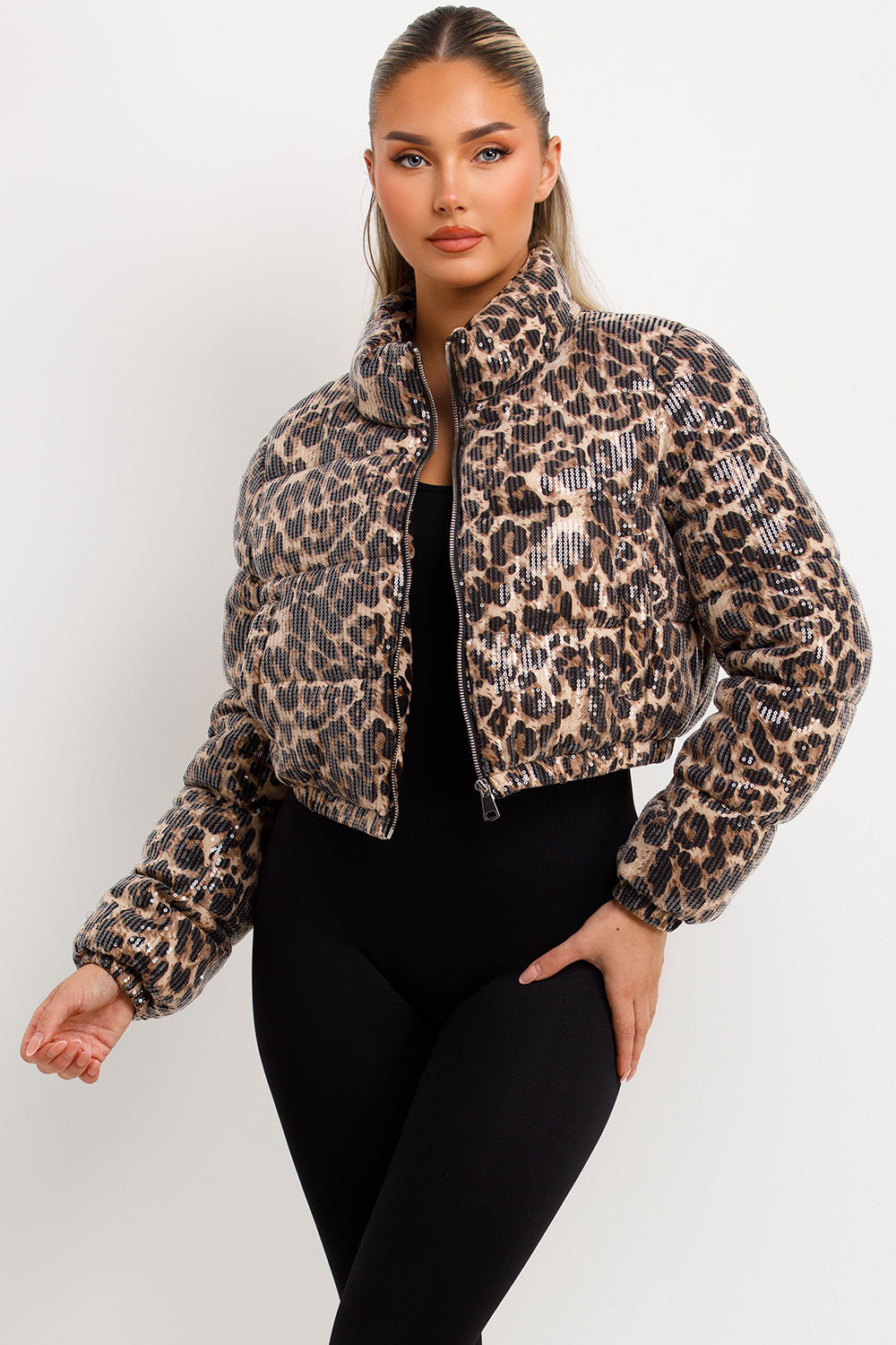 womens leopard print sequin crop puffer jacket styledup