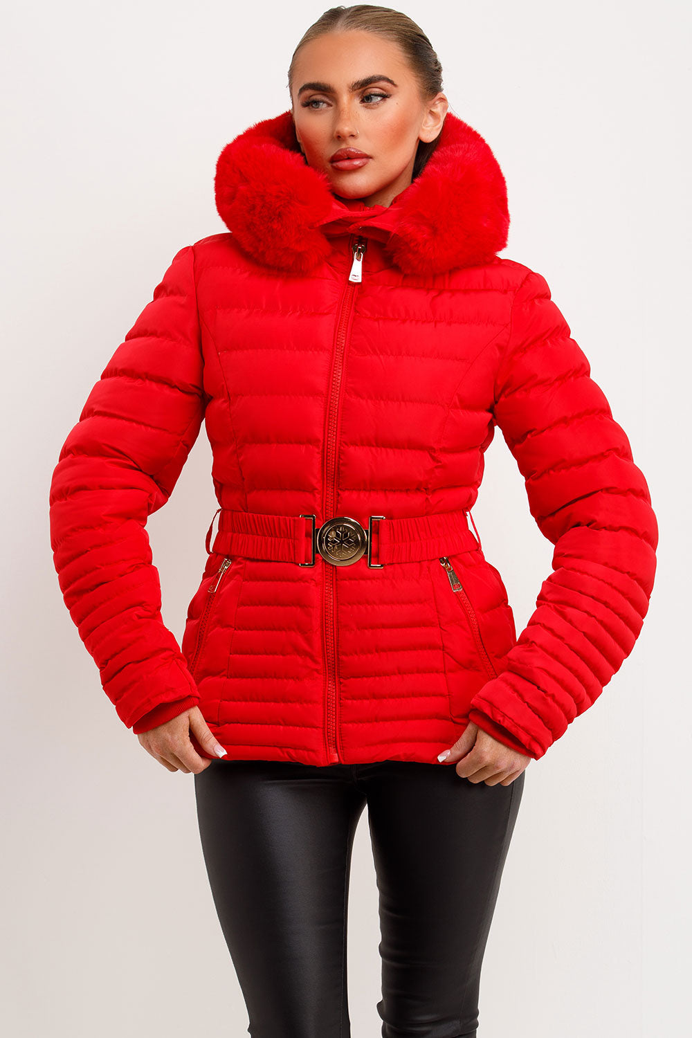 womens faux fur hood red puffer jacket with belt
