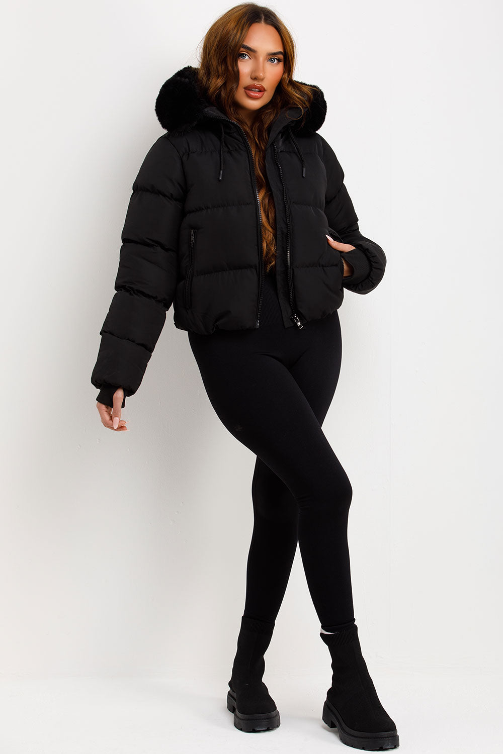 womens black puffer jacket with faux fur hood