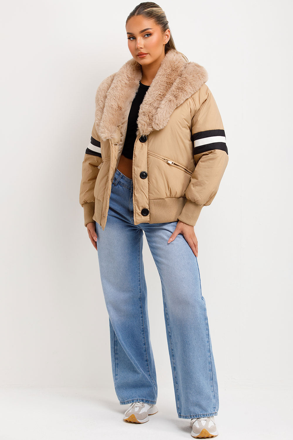 womens aviator jacket with faux fur collar and stripes