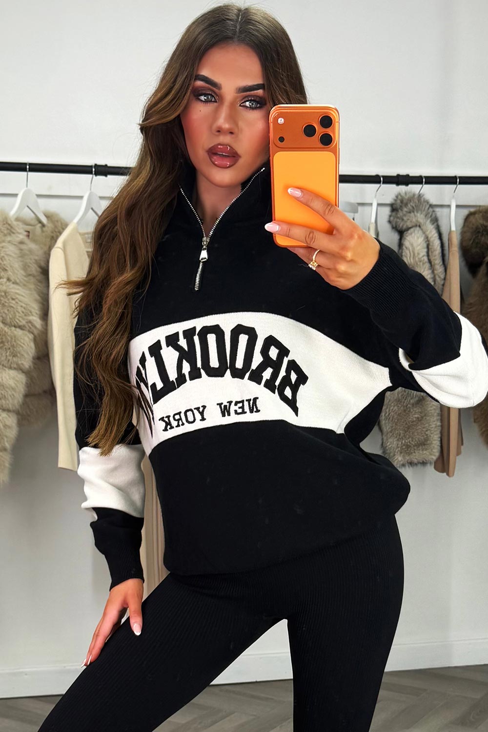 womens oversized knitted jumper with half zip and Brooklyn slogan premium knitwear