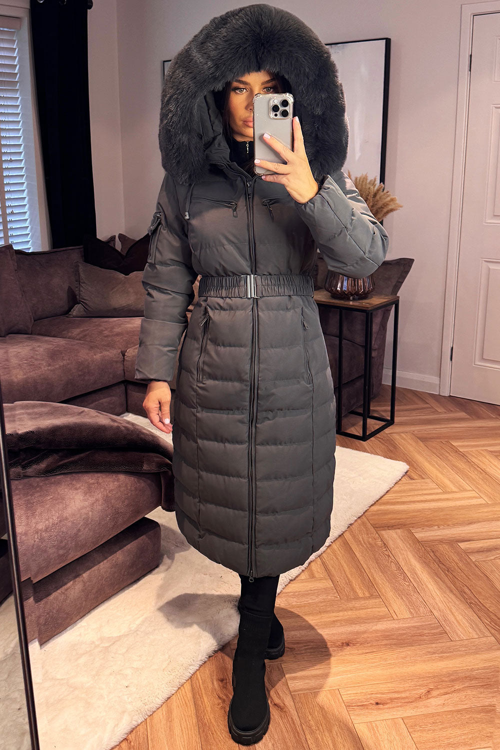 faux fur hood longline winter coat with belt