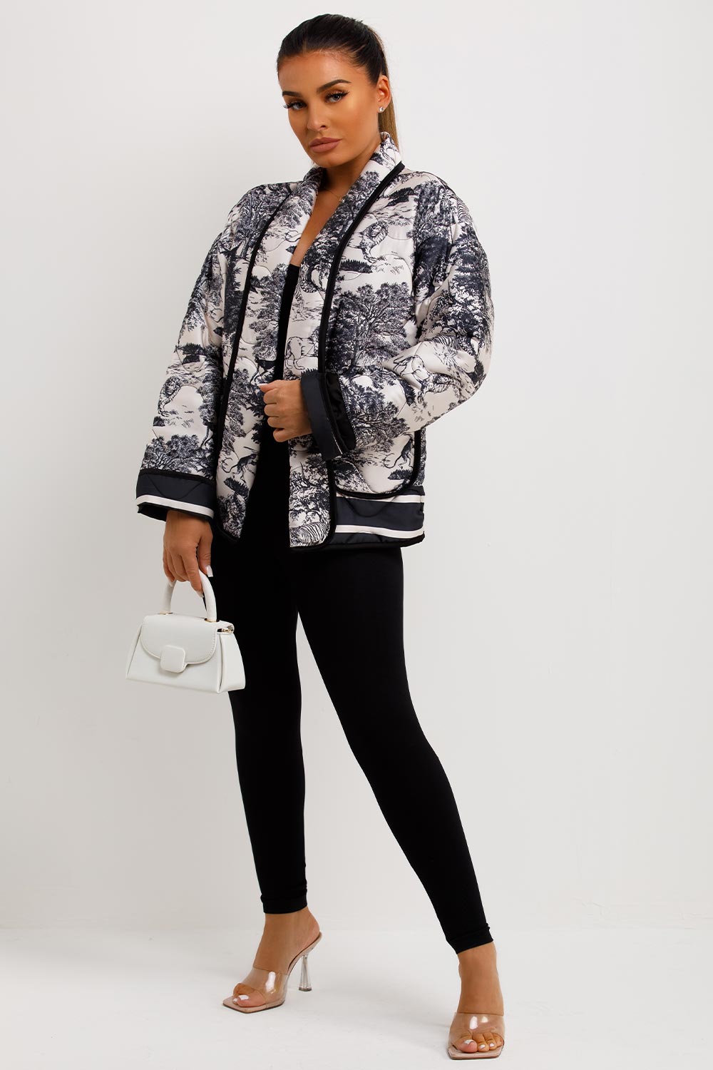 womens satin quilted fleur toile jungle print blazer jacket