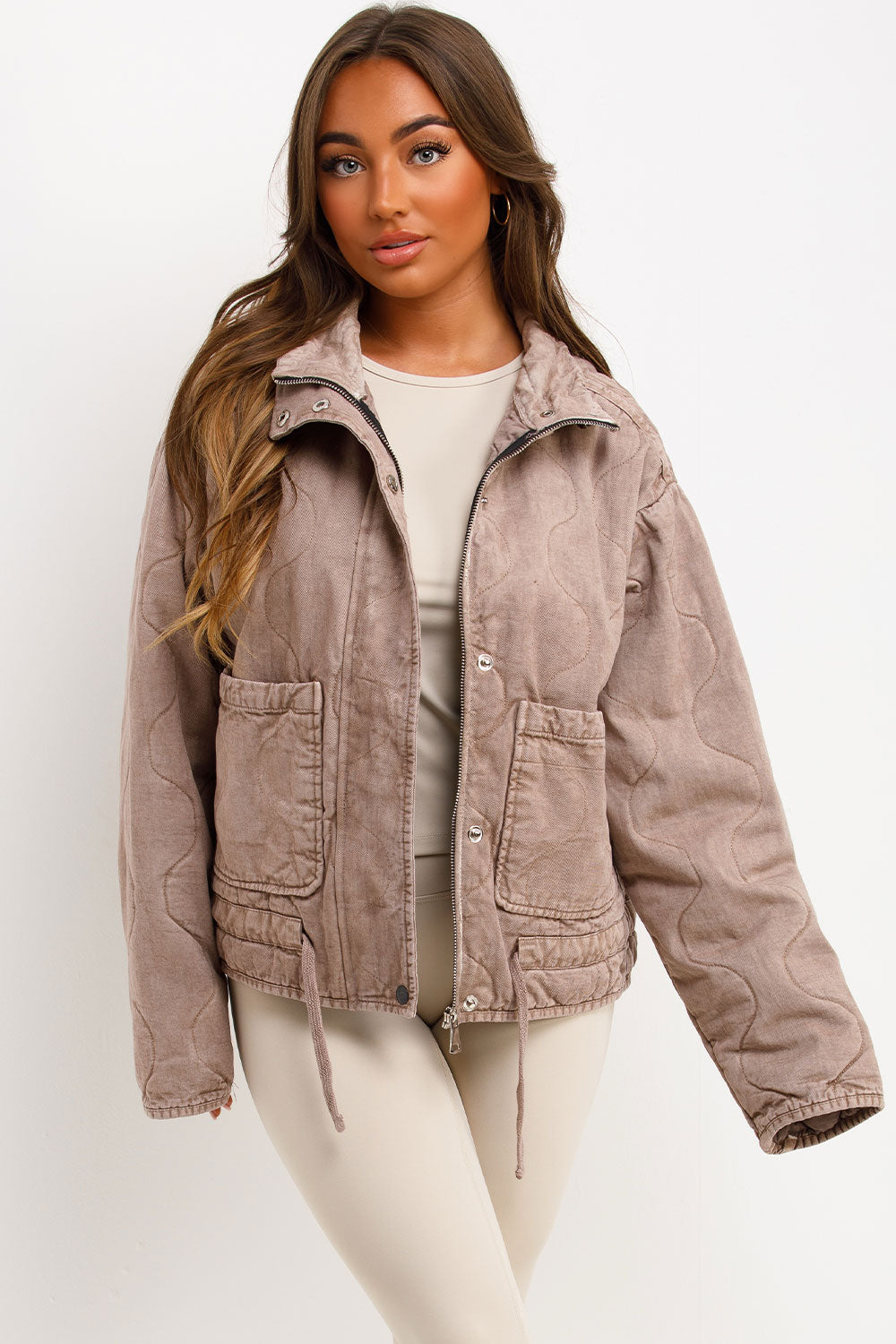 womens zara quilted jacket with drawstring waist styledup