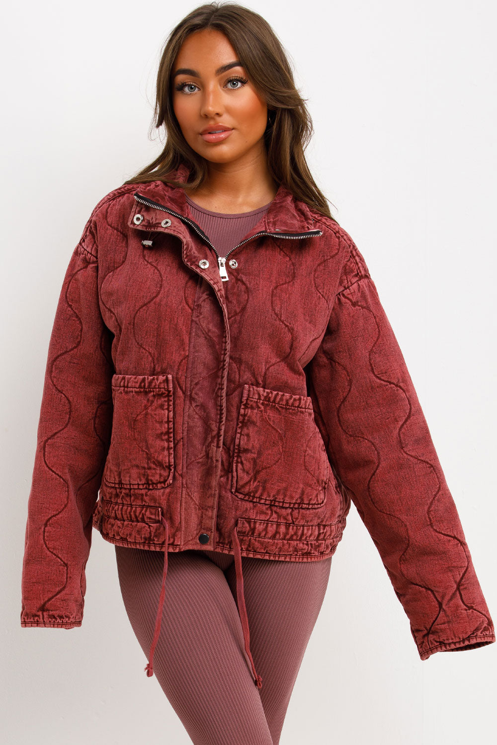 zara womens long sleeve quilted padded jacket with front pockets styledup