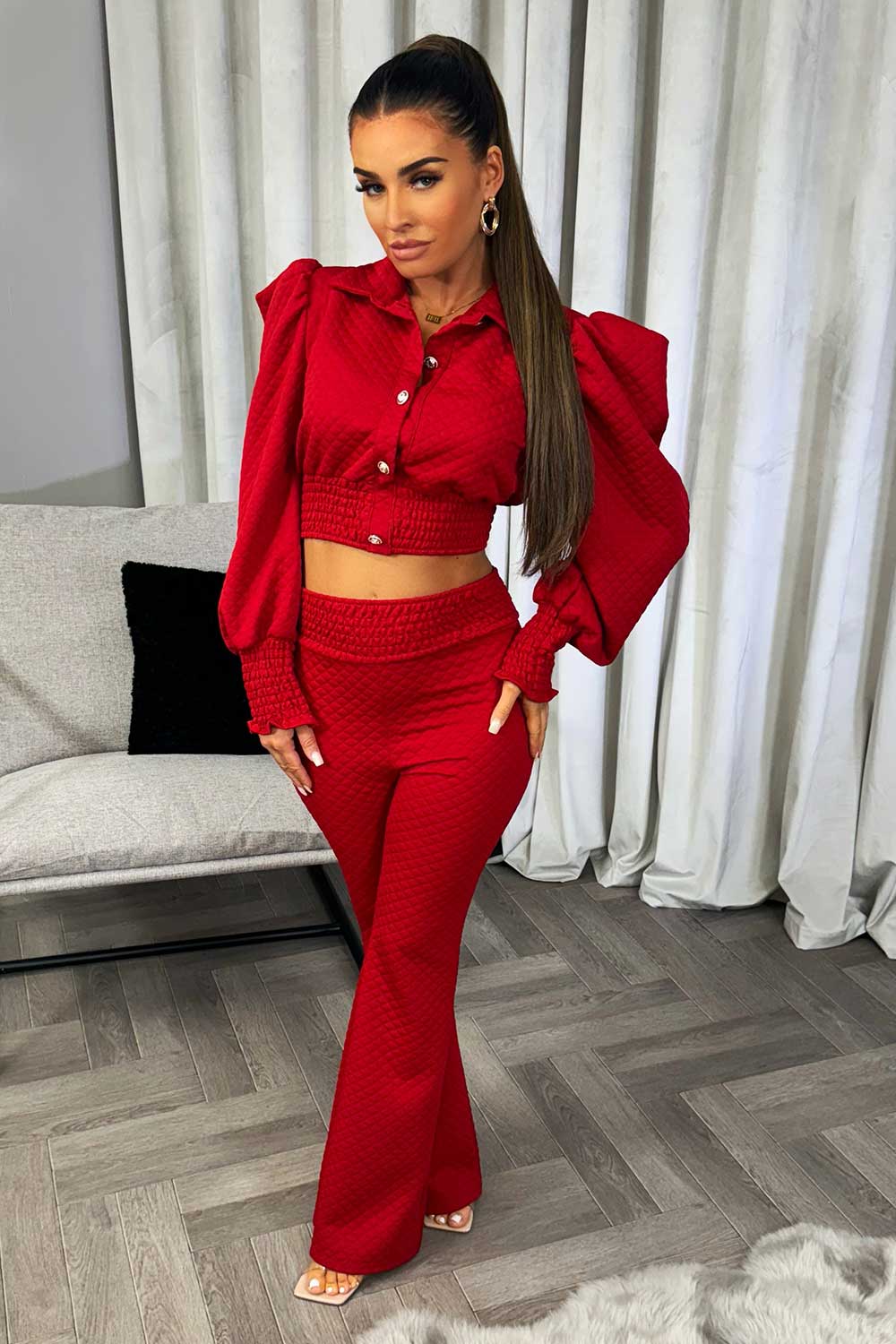 womens quilted puff sleeve top and trousers co ord set