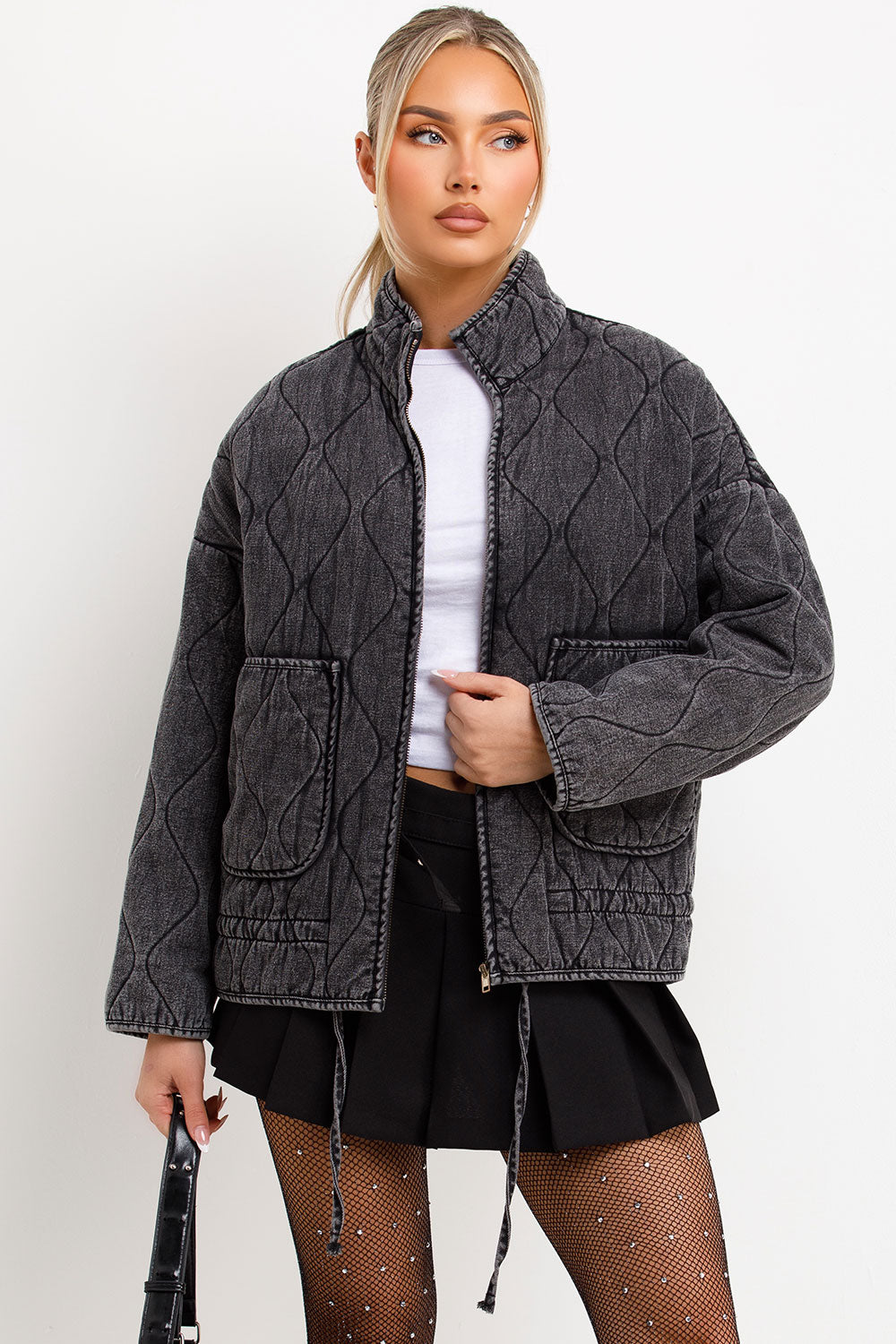 zara womens padded quilted jacket with front patch pockets styledup