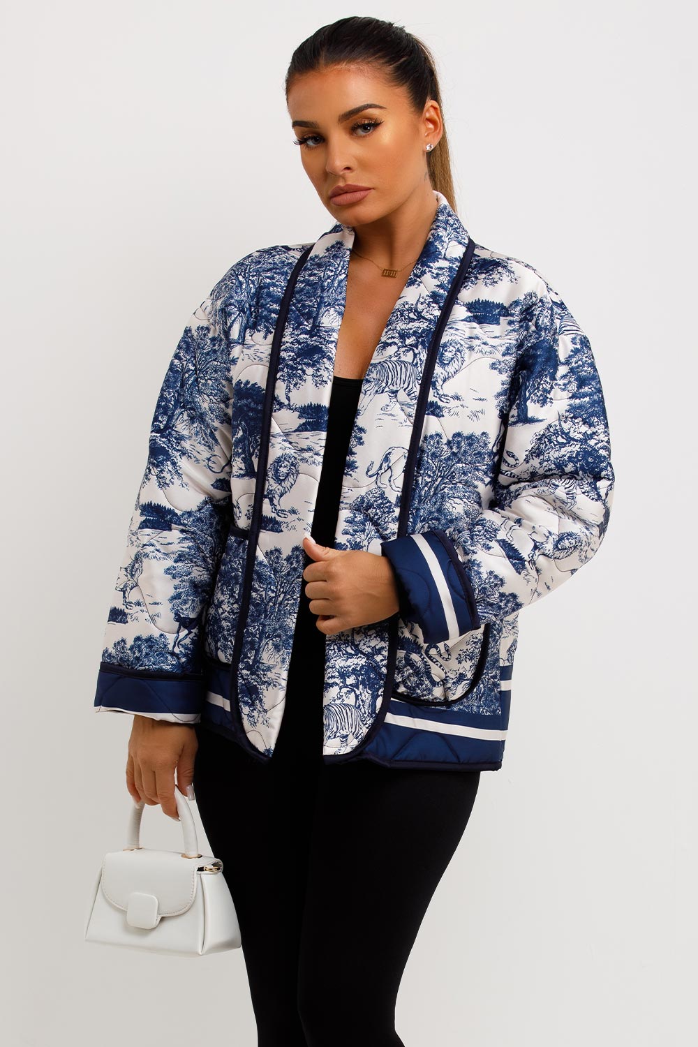 jungle print satin quilted blazer jacket womens