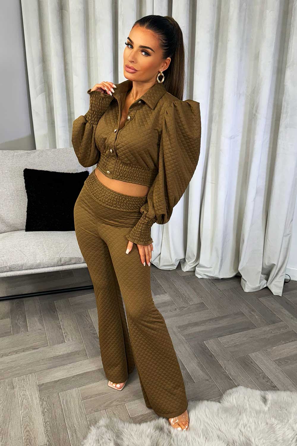 quilted puff sleeve top with gold buttons and trousers co ord set