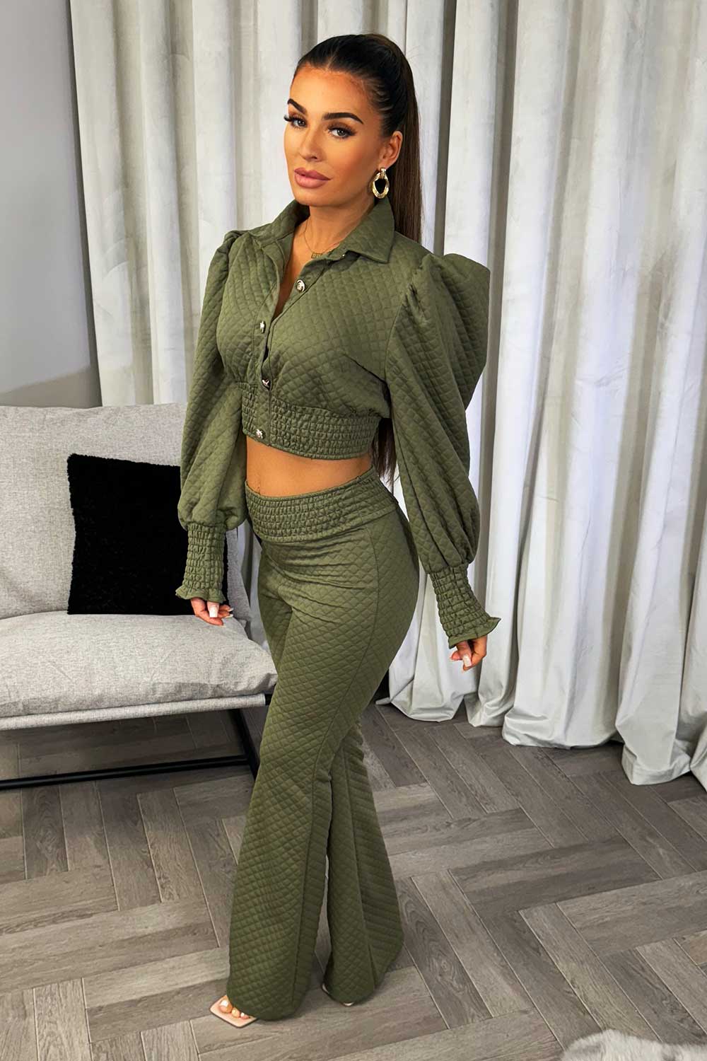quilted puff sleeve gold button top and flared trousers co ord set