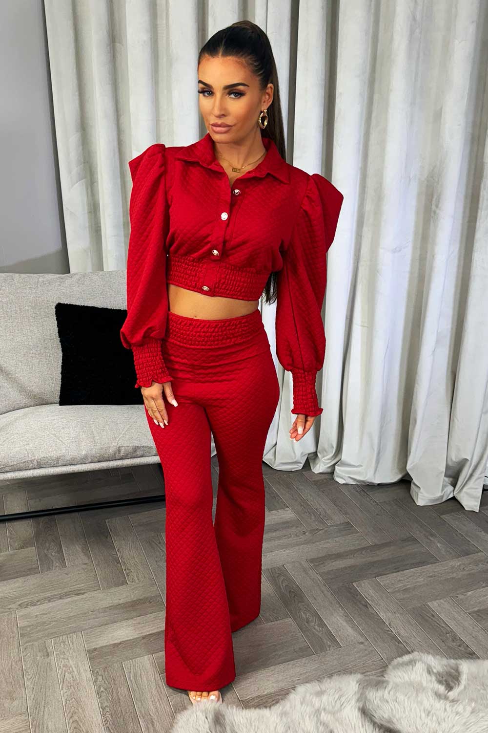 womens quilted puff sleeve top with gold buttons and trousers co ord set