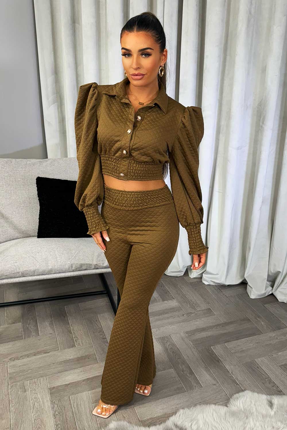 quilted puff sleeve top and flared trousers co ord set