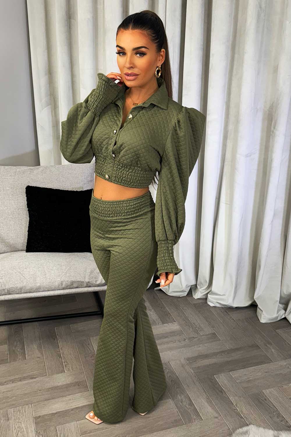 quilted puff sleeve gold button blouse and flared trousers co ord going out set