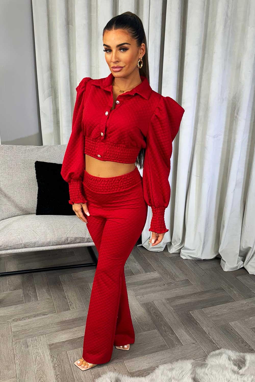 puff sleeve quilted top and trousers co ord set