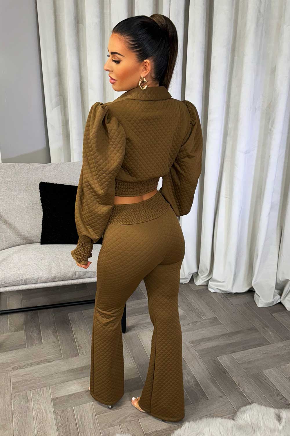 womens flared trousers and puff sleeve gold button top quilted fabric